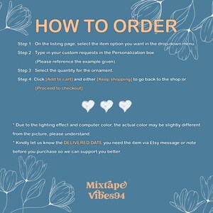 Puede incluir: Gr&aacute;fico de color turquesa con el texto "HOW TO ORDER" e instrucciones de compra. La imagen incluye tres ilustraciones de corazones blancos y el nombre de la tienda, "Mixtape Vibes94."