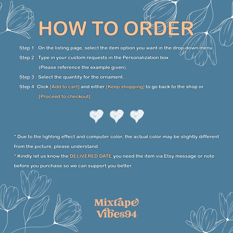 Puede incluir: Gr&aacute;fico de color turquesa con el texto "HOW TO ORDER" e instrucciones de compra. La imagen incluye tres ilustraciones de corazones blancos y el nombre de la tienda, "Mixtape Vibes94."
