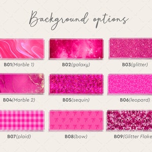Może przedstawiać: Dziewięć r&oacute;żnych r&oacute;żowych opcji tła do projekt&oacute;w graficznych. Opcje obejmują marmur, galaktykę, brokat, cekiny, lamparta, kratę, kokardkę i brokat.