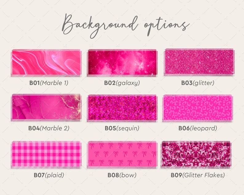 Może przedstawiać: Dziewięć r&oacute;żnych r&oacute;żowych opcji tła do projekt&oacute;w graficznych. Opcje obejmują marmur, galaktykę, brokat, cekiny, lamparta, kratę, kokardkę i brokat.