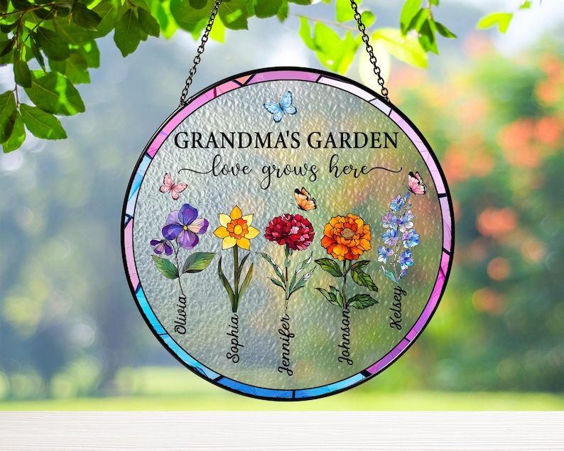 Personalized Grandma's Garden Acrylic Suncatcher: Stained Glass Flower Window Hanging image 8