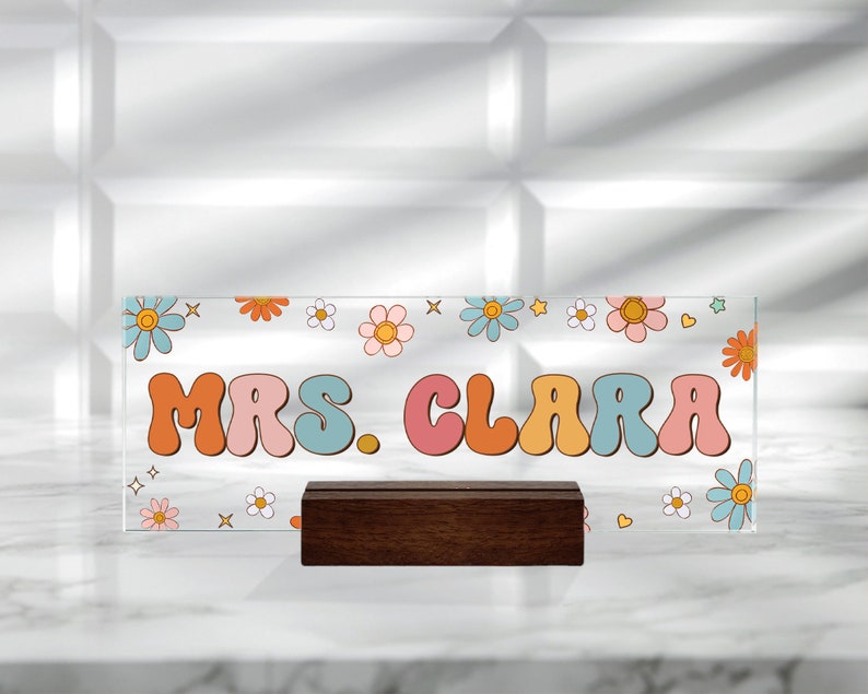 Teacher Gifts Personalized, Teacher Desk Name Plate, Custom Teacher Sign, Teacher Appreciation Gift, Groovy Teacher Name Sign, Teacher Gift Plaque + wood stand