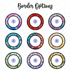 May include: Nine different stained glass style border options for digital products. Each border is a circle with a different color scheme and pattern. The numbers 1 through 9 are in the center of each circle.