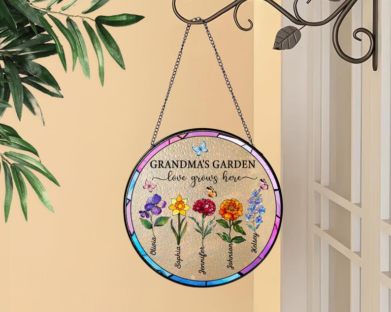 Personalized Grandma's Garden Acrylic Suncatcher: Stained Glass Flower Window Hanging image 3