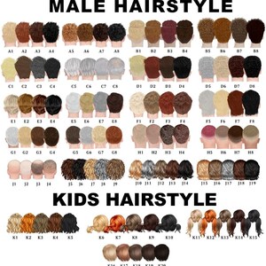 Puede incluir: Un gr&aacute;fico que muestra varios peinados masculinos e infantiles, cada uno numerado para facilitar la selecci&oacute;n. Los peinados masculinos var&iacute;an desde cortes cortos hasta estilos m&aacute;s largos, con diversos colores. Los peinados infantiles incluyen colas de caballo, trenzas y varios colores de cabello.