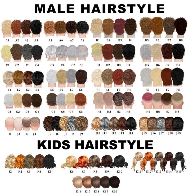 Puede incluir: Un gr&aacute;fico que muestra varios peinados masculinos e infantiles, cada uno numerado para facilitar la selecci&oacute;n. Los peinados masculinos var&iacute;an desde cortes cortos hasta estilos m&aacute;s largos, con diversos colores. Los peinados infantiles incluyen colas de caballo, trenzas y varios colores de cabello.