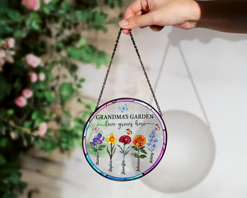 Personalized Grandma's Garden Acrylic Suncatcher: Stained Glass Flower Window Hanging image 2