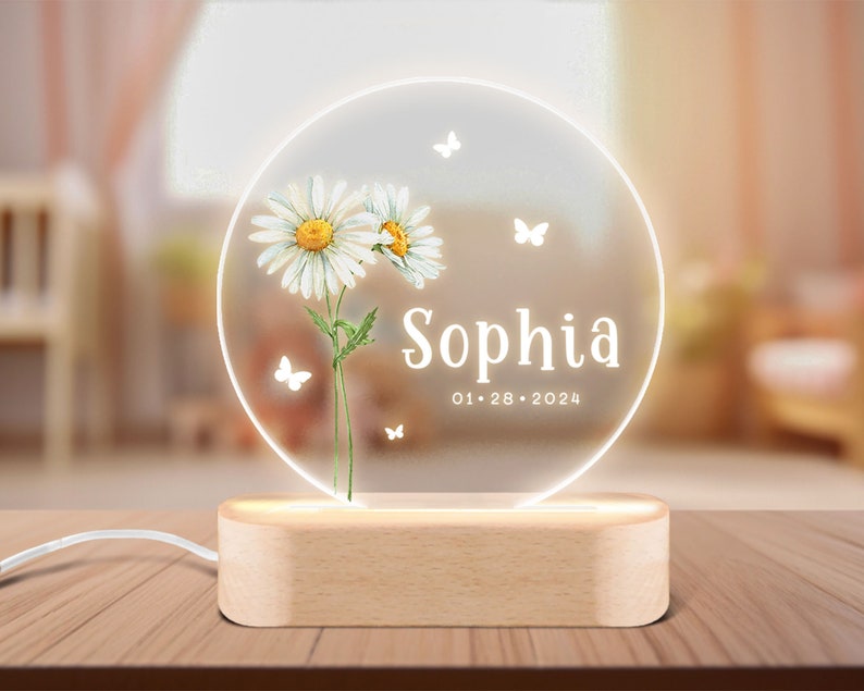 Custom Birth Month Flower Night Light, Personalized Baby Night Light, Baby Shower Gift, Nursery Decor, Christening Gift, Baby Girl Gift image 3