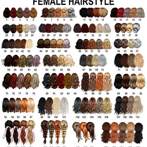 Puede incluir: Una imagen que muestra 126 peinados femeninos diferentes, cada uno numerado. Los peinados var&iacute;an en color, longitud y estilo, incluyendo mo&ntilde;os, trenzas, ondas y cabello liso. El texto "FEMALE HAIRSTYLE" est&aacute; en la parte superior.