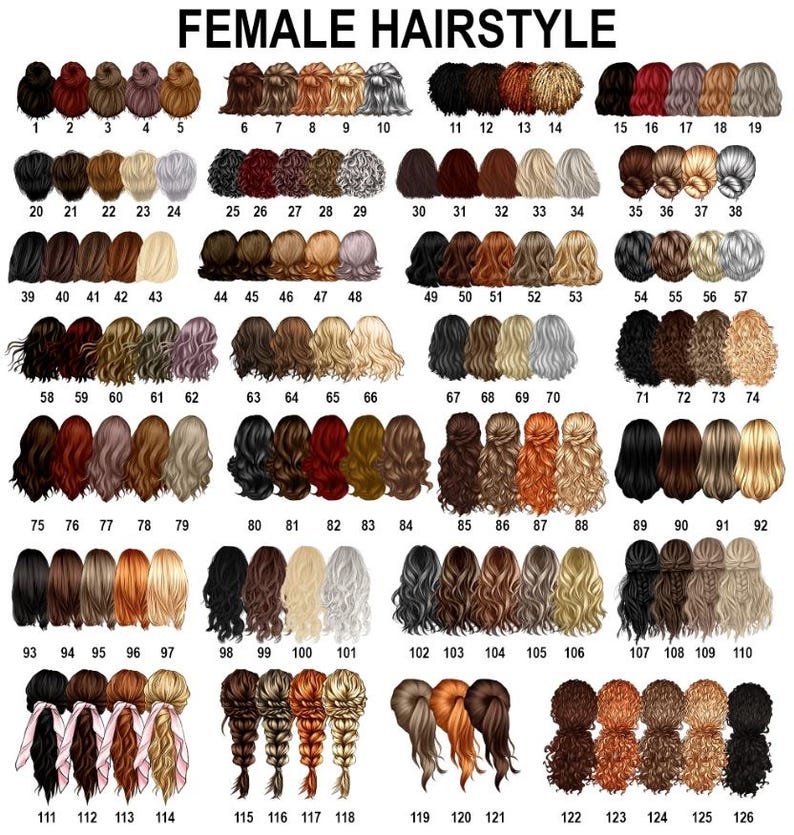 Puede incluir: Una imagen que muestra 126 peinados femeninos diferentes, cada uno numerado. Los peinados var&iacute;an en color, longitud y estilo, incluyendo mo&ntilde;os, trenzas, ondas y cabello liso. El texto "FEMALE HAIRSTYLE" est&aacute; en la parte superior.