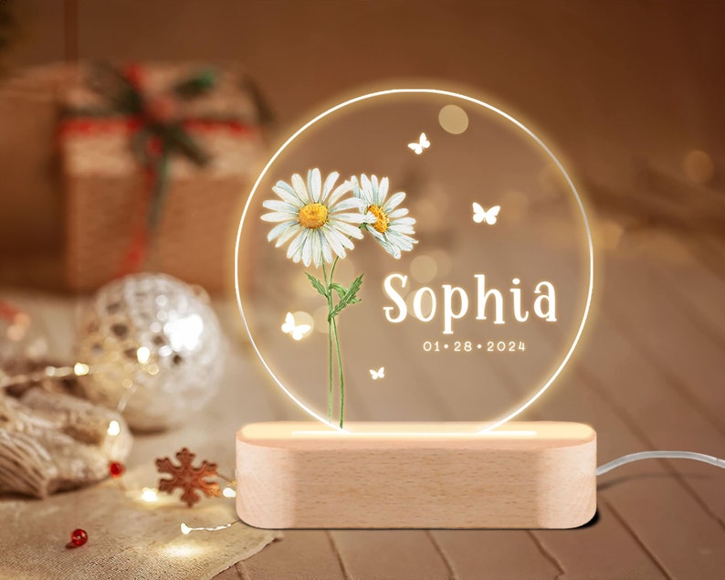 Custom Birth Month Flower Night Light, Personalized Baby Night Light, Baby Shower Gift, Nursery Decor, Christening Gift, Baby Girl Gift image 5