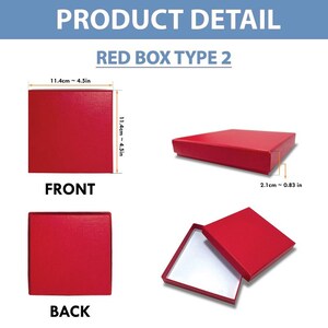 Puede incluir: Caja roja tipo 2, mostrada desde m&uacute;ltiples &aacute;ngulos. La caja es cuadrada, mide aproximadamente 11,4 cm por lado y 2,1 cm de profundidad. La caja es roja con interior blanco.