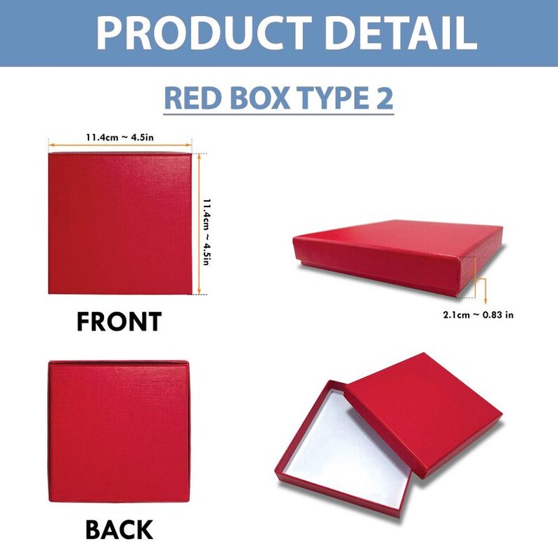 Puede incluir: Caja roja tipo 2, mostrada desde m&uacute;ltiples &aacute;ngulos. La caja es cuadrada, mide aproximadamente 11,4 cm por lado y 2,1 cm de profundidad. La caja es roja con interior blanco.