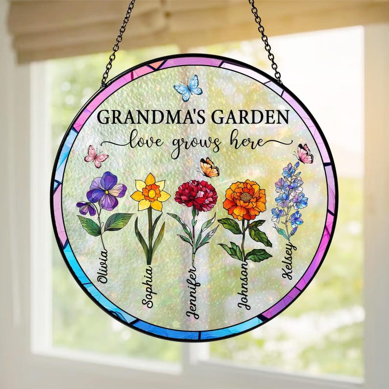 Personalized Grandma's Garden Acrylic Suncatcher: Stained Glass Flower Window Hanging image 9