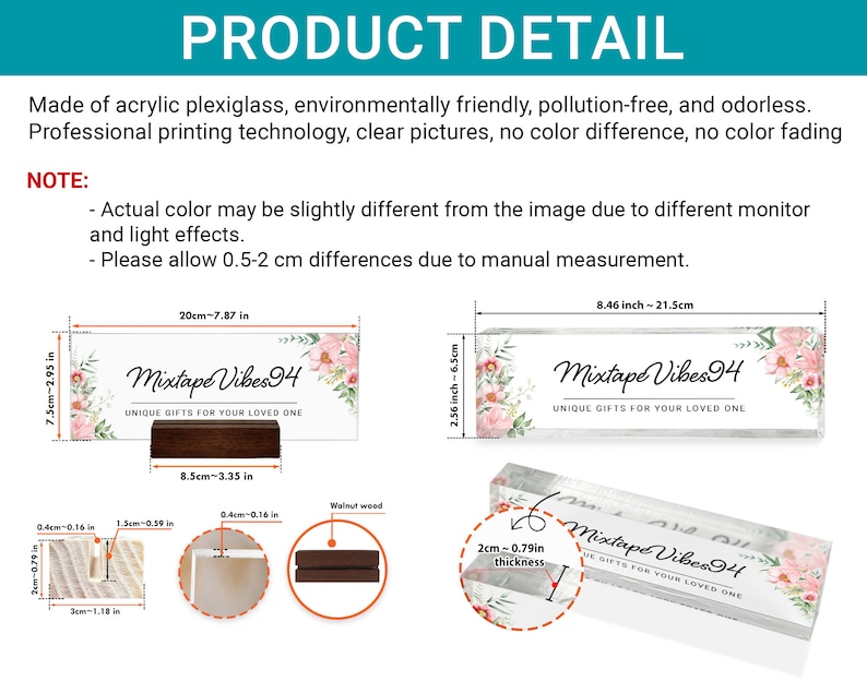 Może przedstawiać: Przezroczysta płytka akrylowa z tekstem "Mixtape Vibes 94" i wzorami kwiatowymi. Płytka ma 21,5 cm szerokości i 6,5 cm wysokości. Jest gruba na 2 cm i stoi na drewnianym stojaku.
