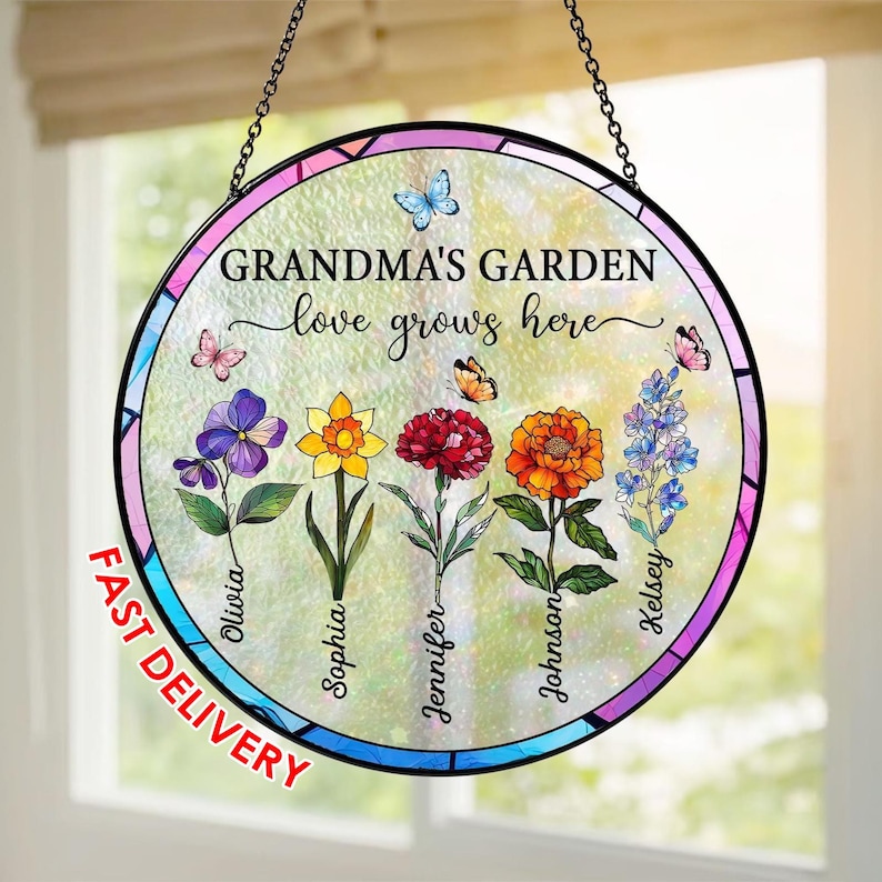 Personalized Grandma's Garden Acrylic Suncatcher: Stained Glass Flower Window Hanging image 1
