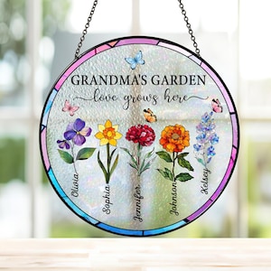 Personalized Grandma's Garden Acrylic Suncatcher: Stained Glass Flower Window Hanging image 7