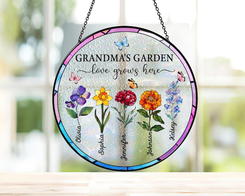 Personalized Grandma's Garden Acrylic Suncatcher: Stained Glass Flower Window Hanging image 7
