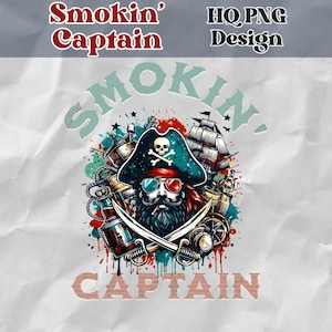 Pirata fumando, barco pirata - Diseño de camiseta / Archivo PNG digital / Camiseta / Fondo transparente / Imprimible / Clipart / Descarga instantánea