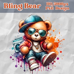 Bling Bear, Splash Watercolor | HQ PNG Digital File | Transparent Background | Printable | Clipart | T-Shirts, Mugs | Instant Download