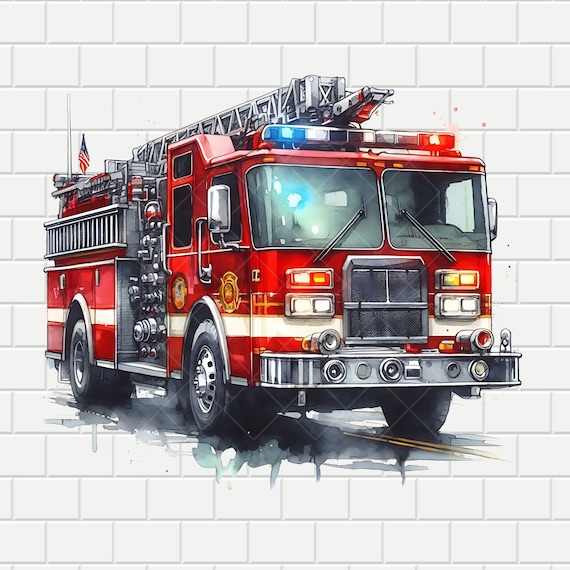 Watercolor Fire Truck Clipart: Transparent PNG, PDF (Digital Download)