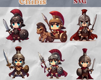 Roman Gladiator Chibi Characters SVG PNG Bundle | Digital File | Transparent Background | Cricut | Clipart | Sticker | Instant Download