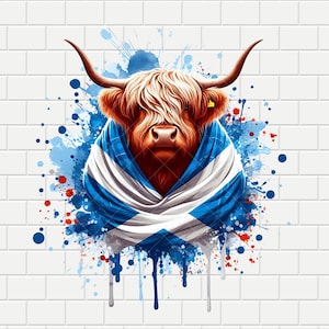 Vache Highland d'Ecosse | Drapeau écossais | Aquarelle | Conception numérique PNG PDF | Sublimation | Fond transparent | Téléchargement instantané