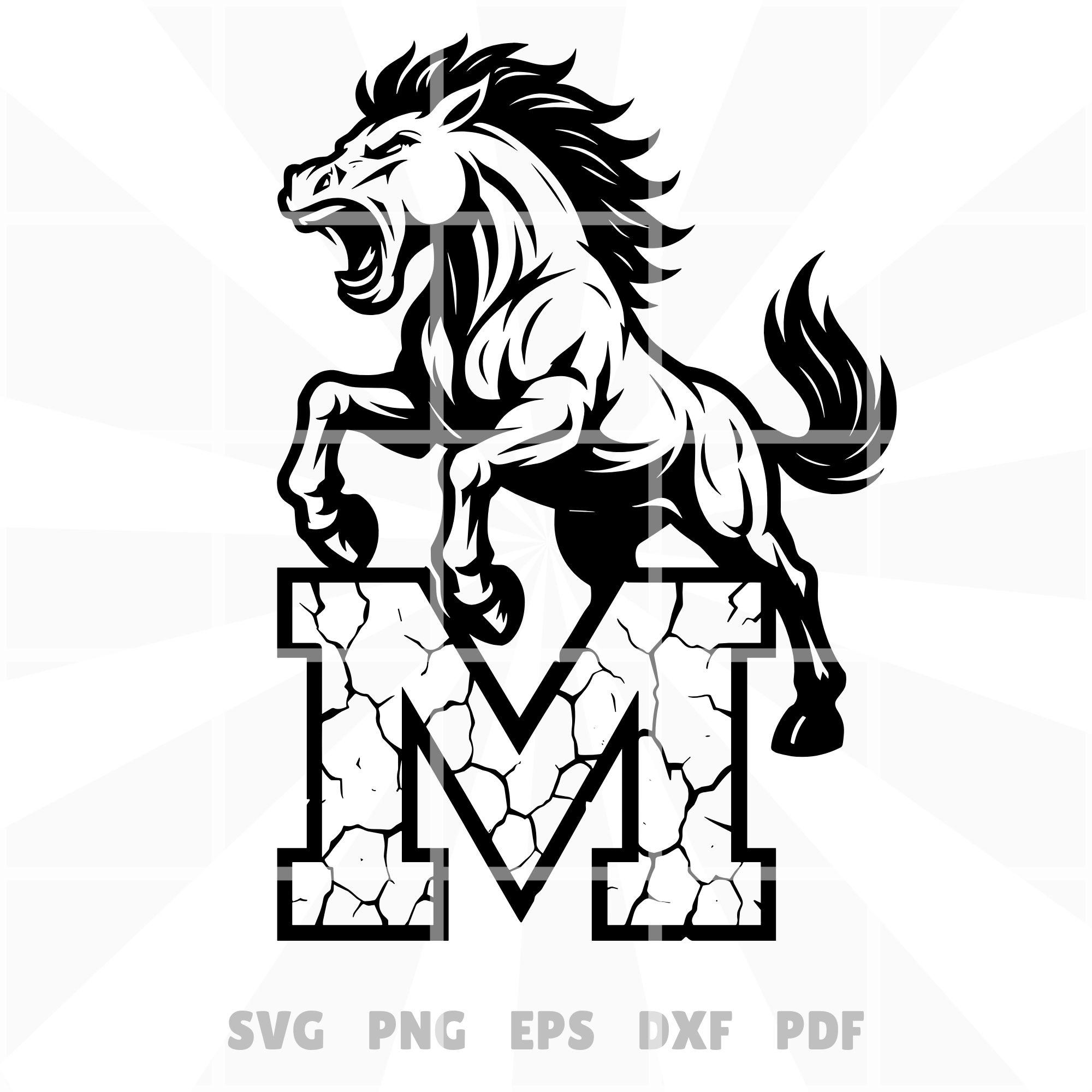 Mustang M - SVG, PNG, EPS y PDF: Mascota de caballo rugiente y feroz  pisando fuerte con un logotipo de letras agrietadas y audaces, vector  completamente negro para el orgullo deportivo escolar., image size:2000x2000