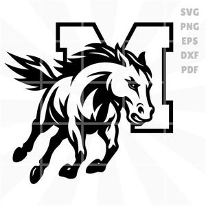 Mustangs M Logo svg png eps dxf pdf – Running Horse Mascot on Varsity Letter M for School Teams, Sports Crafts & Cricut Projects