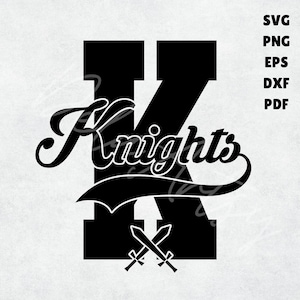 Logotipo da letra do time universitário Knights | svg png eps dxf pdf | Design de mascote "K" em negrito com espadas cruzadas para times escolares e uniformes esportivos