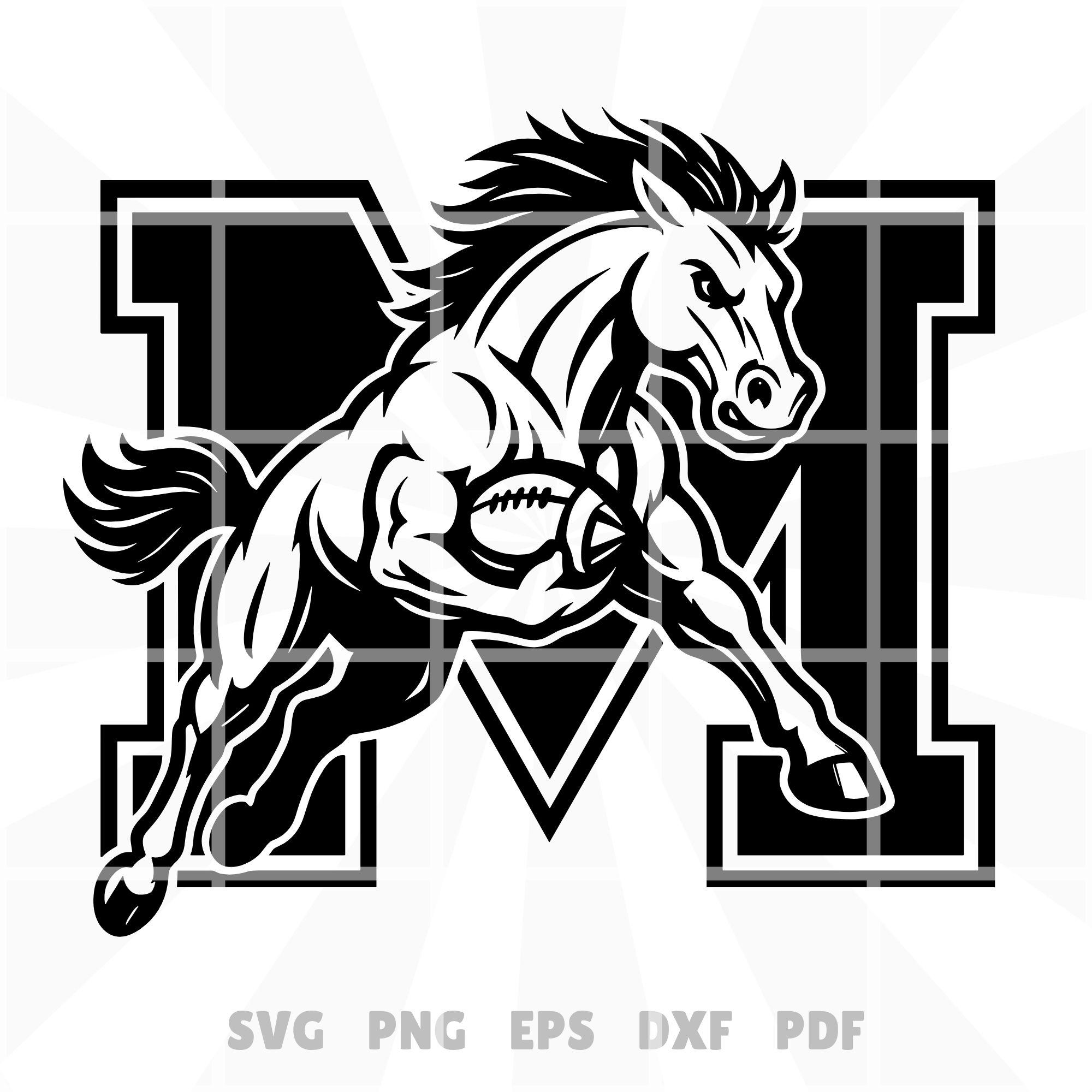 Vector de la mascota de fútbol Mustang: Caballo feroz con el logotipo M  (SVG, PNG, PDF), image size:2000x2000