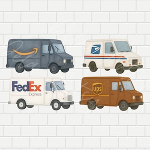 Clipartbundel aquarel bestelwagen | 4 hoge resolutie png's + 1 groeps-png | 300 dpi | Commercieel gebruik | Illustratie pakketbestelwagen | In totaal 5 png-bestanden