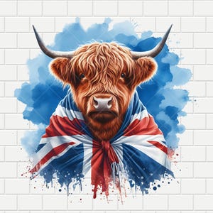 Vaca de las Tierras Altas / Bandera de la Unión Británica / Escocia ~ Acuarela Azul / Diseño Digital PNG / Sublimación / Fondo Transparente / Descargar