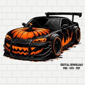 Clipart griezelige Halloween-pompoenraceauto (PNG, SVG, pdf)