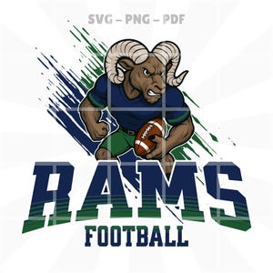 Rams Football Logo - SVG PNG PDF | Navy Blue & Green Ram Mascot Clipart | Bold School Team Design for Shirts, Sublimation | Digital Download