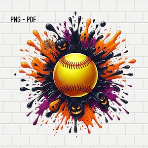 Salpicadura de sóftbol de Halloween / Logotipo de sóftbol / Diseño digital PNG PDF / Sublimación / Fondo transparente / Alta calidad 300 dpi / Descarga instantánea
