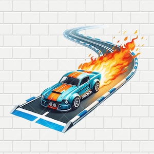 Carro em chamas na pista | Chamas em aquarela | Design digital PNG PDF | HQ 300dpi | Sublimação | Fundo transparente | Download de clipart de carro