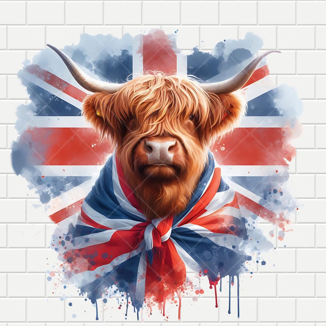 Highland Cow PNG: British Flag Watercolor, Transparent Background ...