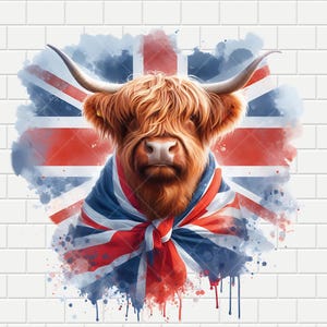 Vache Highland | Éclaboussure de drapeau de l'Union britannique | Grande-Bretagne ~ Aquarelle bleue | Conception numérique PNG | Sublimation | Fond transparent | Télécharger