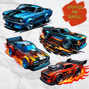 Muscle Car | Cartoon Car Flames | PNG PDF Bundle | Digital File | Transparent Background | Printable | Clipart | Sticker | Download