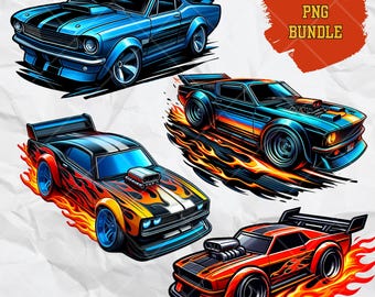 Muscle Car | Cartoon Car Flames | PNG PDF Bundle | Digital File | Transparent Background | Printable | Clipart | Sticker | Download