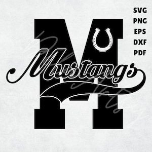Logotipo SVG do Mustangs Varsity M para camisetas | svg png eps dxf pdf | Texto com cauda e ferradura para traje de mascote escolar