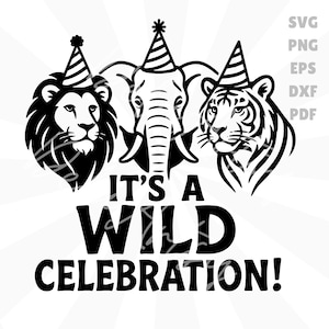 May include: Black and white graphic featuring a lion, elephant, and tiger, each wearing a party hat. The text "IT'S A WILD CELEBRATION!" is below the animals. Ideal for birthday parties or animal-themed events.