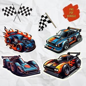 Flaming Race Cars | Race Flag | PNG PDF Bundle | Digital File | Transparent Background | Printable | Clipart | Sticker | Download
