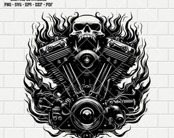 Motorbike Engine Skull Flames Design - svg eps dxf pdf png Vector files | Digital Download | Transparent Background | Clipart