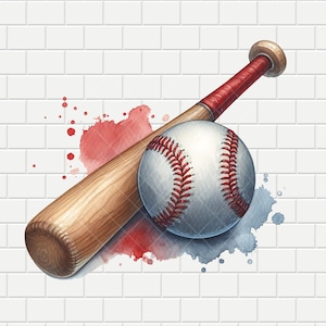 Baseball & Bat Akwarela | Akwarela Splash | Projekt cyfrowy PNG PDF | Sublimacja | Przezroczyste tło | HQ 300dpi | Natychmiastowe pobranie