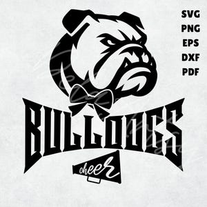 Mascota de porristas Bulldogs SVG para camisetas / SVG, PNG, EPS y PDF / Logotipo de bulldog feroz con lazo y megáfono para ropa de porristas