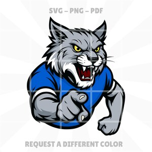 Pointing Wildcat Mascot - svg png pdf – Fierce Bobcat in Jersey Pointing Forward, School Spirit Team Logo for Sports, Shirts & Decals