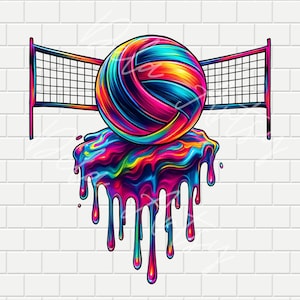 Gotejamento de Vôlei Neon PNG | Clipart de Vôlei com Brilho Arco-Íris | 5000px e 2500px | Design de Impressão por Sublimação para Fãs de Esportes