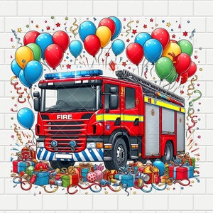 Anniversaire d'un camion de pompiers | Fête des pompiers au Royaume-Uni | Fête | Conception numérique PNG PDF | Sublimation | Fond transparent | Téléchargement instantané